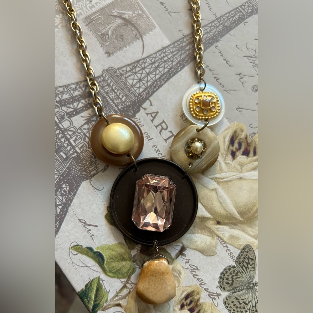 Vintage Repurposed Buttons with semi precious stones Necklace